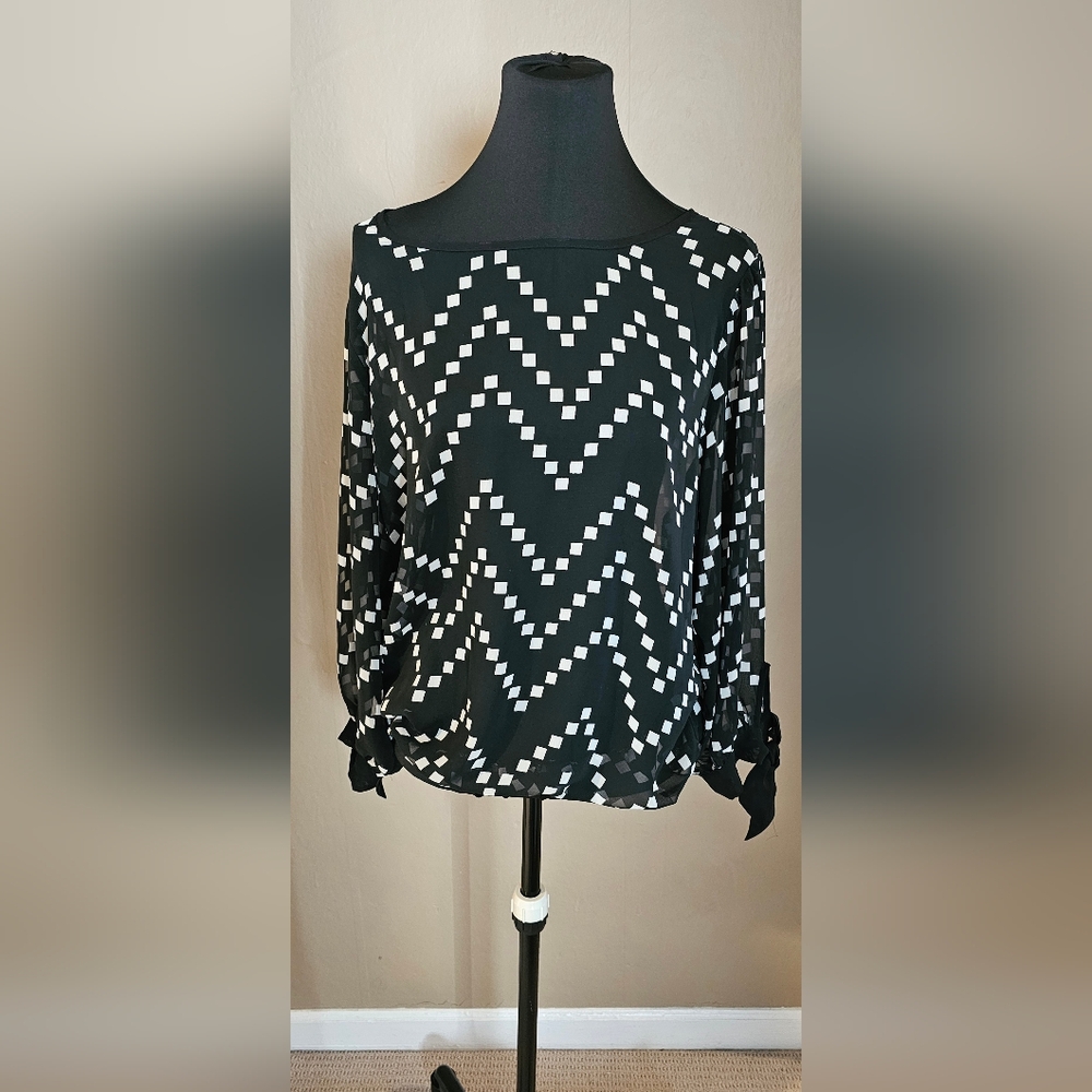 Black and White Geometric Blouse Sheer Overlay Blouse